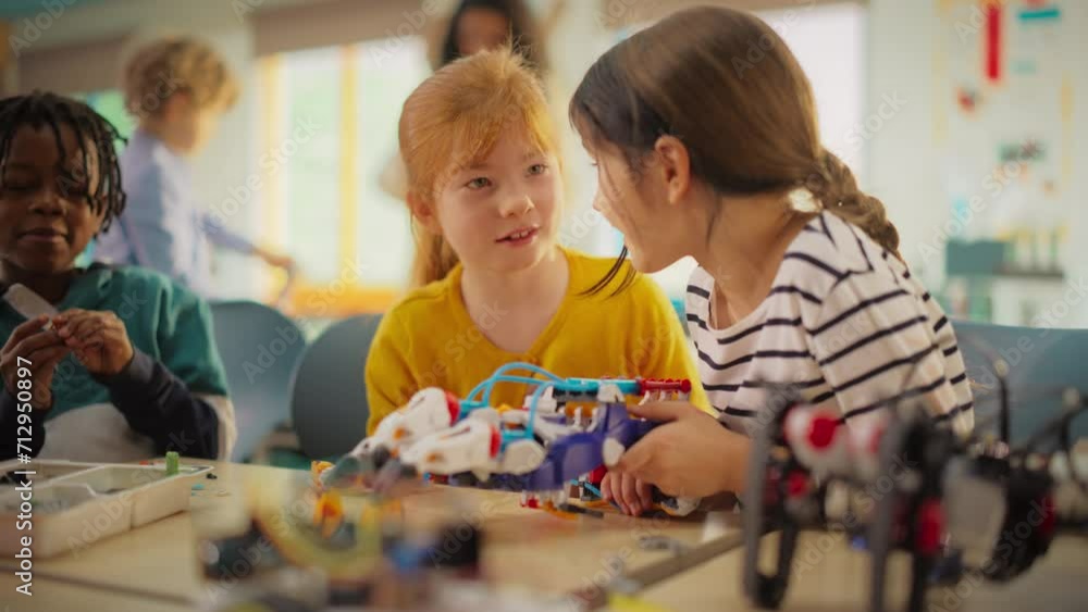 Smart Boys and Talented Girls Playing with Scientific and Engineering Toys. Young Gifted Future Engineers Studying Science, Engineering, Math and Technology in Primary STEM School Smart Boys and Talented Girls Playing with Scientific and Engineering Toys. Young Gifted Future Engineers Studying Science, Engineering, Math and Technology in Primary STEM School