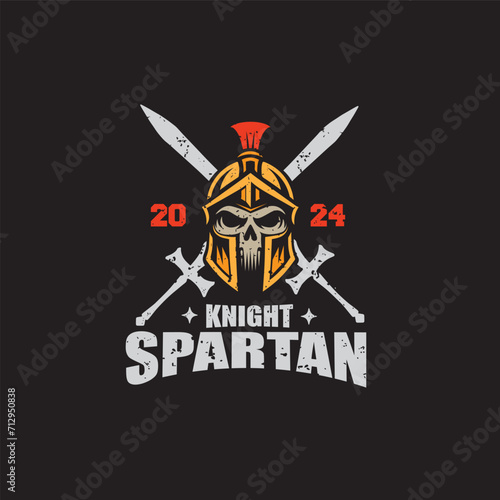 spartan knight skull head with crossed swords vintage logo vector graphic