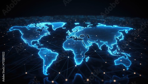 World map with glowing contours and binary data stream. Technology and globalization concept.