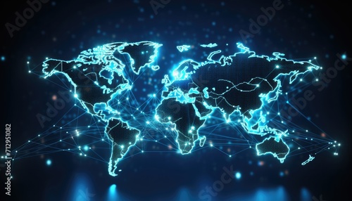 World map with glowing contours and binary data stream. Technology and globalization concept.