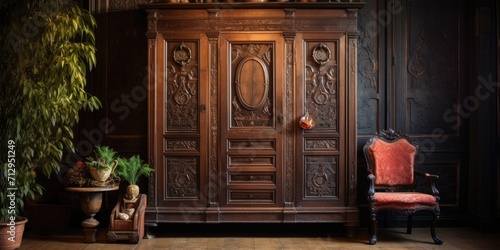 Antique interiors with an eclectic furniture wardrobe, seen from the front. photo