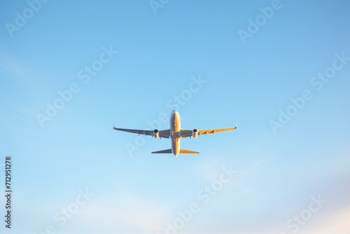 plane taking off at sunrise with clear blue sky