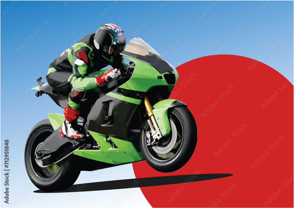 Motorcycle on the blue sky background. Biker. Colored Vector hand drawn 3d illustration