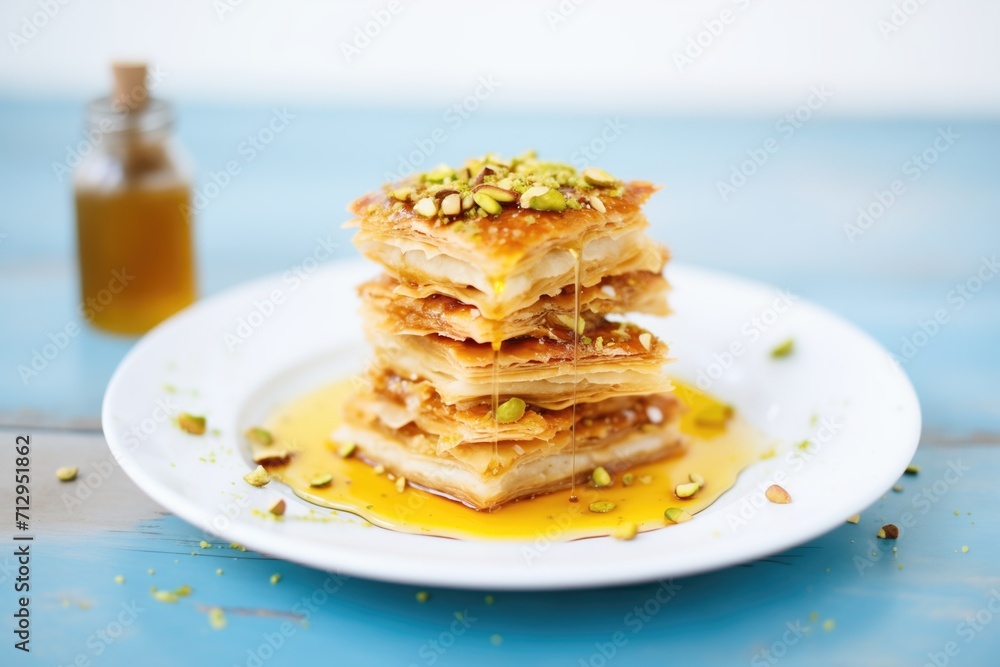 stacked baklava with honey drizzle