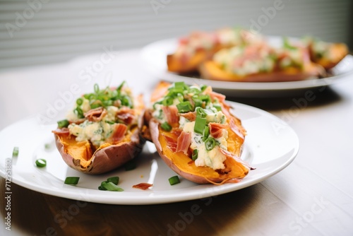 baked sweet potato skins stuffed with cheese and bacon