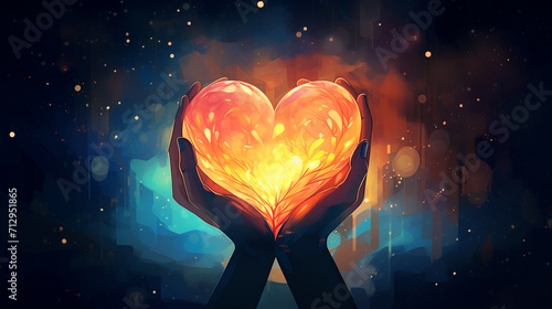 
A warm and compassionate illustration of a hand cradling a heart shape, burning heart in the fire