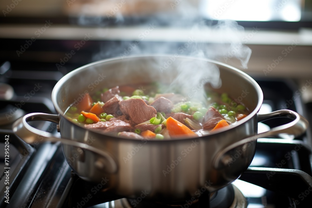 beef stew simmering on stove, pot lid askew beef stew simmering on stove, pot lid askew