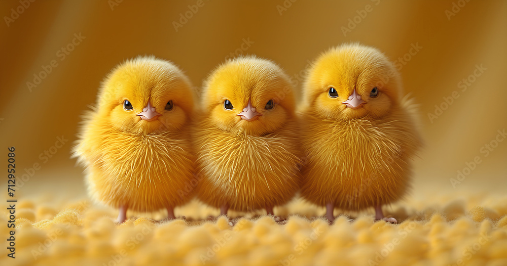 Funny and Сute yellow Chicks on a  Yellow Background.