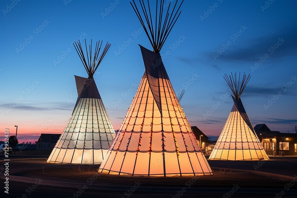 Illuminated teepees in Marfa, Texas. Generative AI