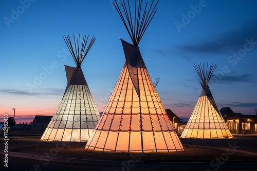 Illuminated teepees in Marfa, Texas. Generative AI photo