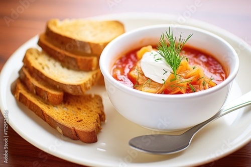 close-up of borscht with vegan cashew cream swirl, gluten-free toast on side