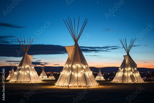 Illuminated teepees in Marfa, Texas. Generative AI photo
