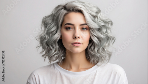 young woman with gray hair isolated on bright white background