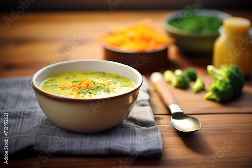 bowl of broccoli cheddar soup with spoon on wooden table