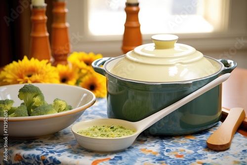 broccoli cheddar soup in a tureen, ladle on top, ready to serve photo