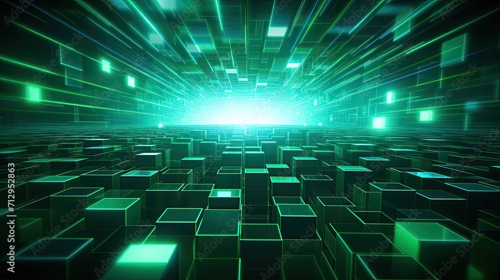 Background with green squares arranged in a grid pattern with a motion blur effect and light streaks Background with green squares arranged in a grid pattern with a motion blur effect and light streaks