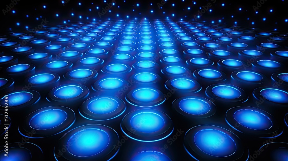 Obraz premium Background with neon blue circles arranged in a repeating pattern with a neon glow effect and lens flares