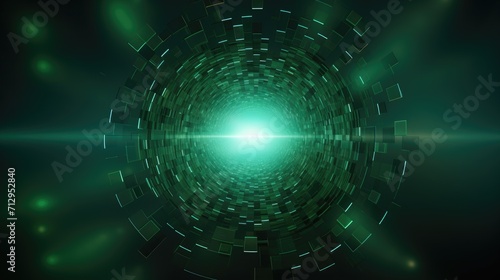 Background with green squares arranged in a circular pattern with a bokeh effect and color grading