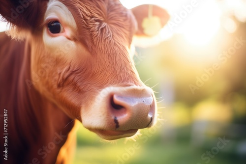 closeup of a cows face with summer sunlight