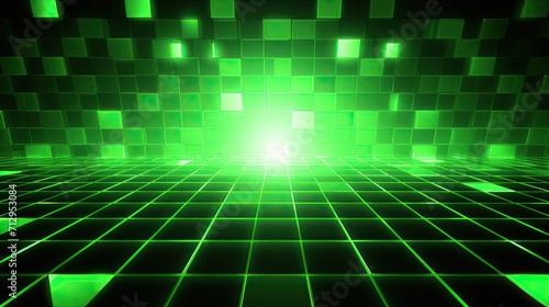 Background with neon green squares arranged in a checkerboard pattern with a neon glow effect and lens flares