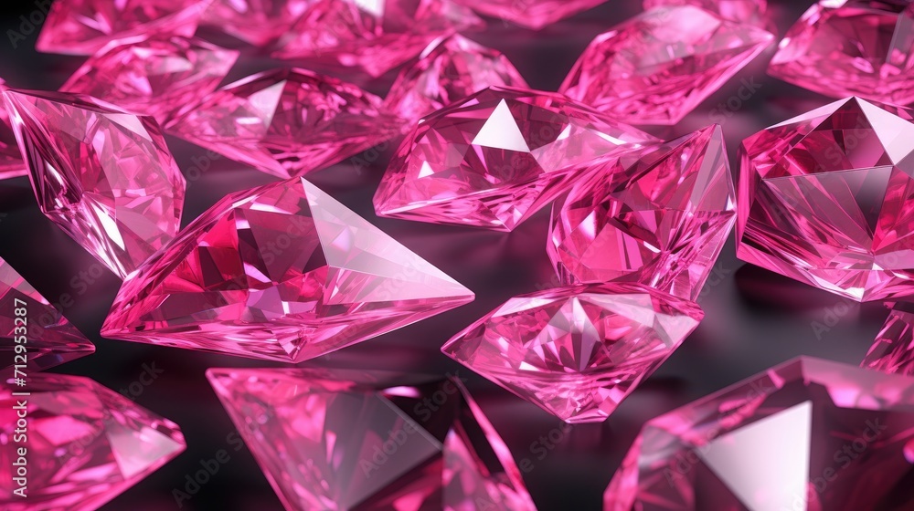 Background with neon pink diamonds arranged randomly with a chromatic aberration effect and film grain