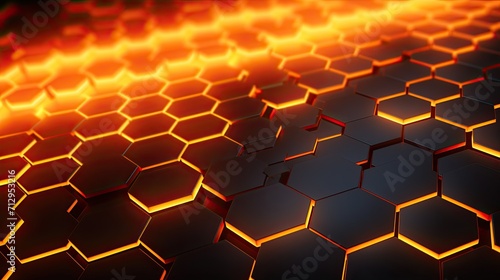Background with neon orange hexagons arranged randomly with a bokeh effect and color grading