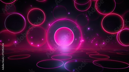Background with neon pink circles arranged randomly with a neon glow effect and lens flares