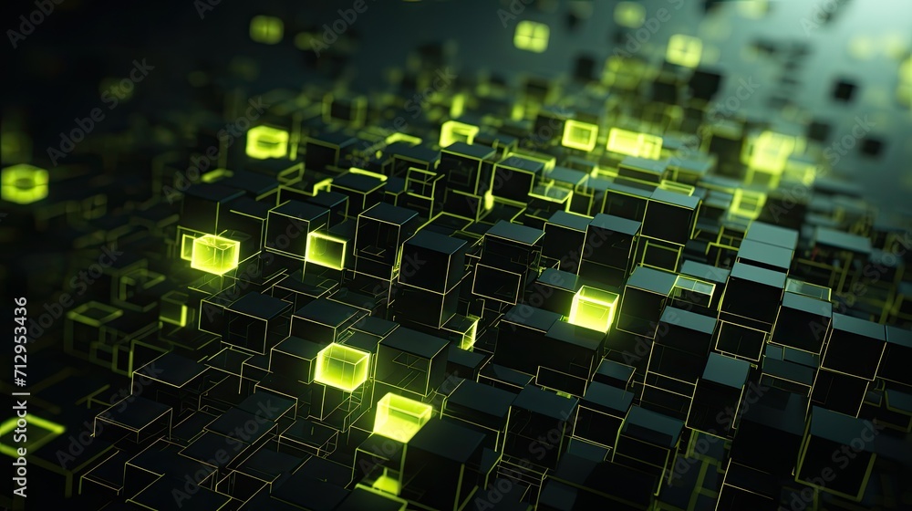 Background with neon yellow squares arranged randomly with a 3d effect and particle system