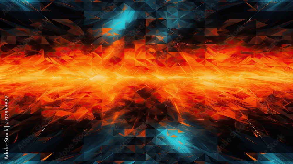 Background with orange triangles arranged in a diamond pattern with a glitch effect and digital distortion