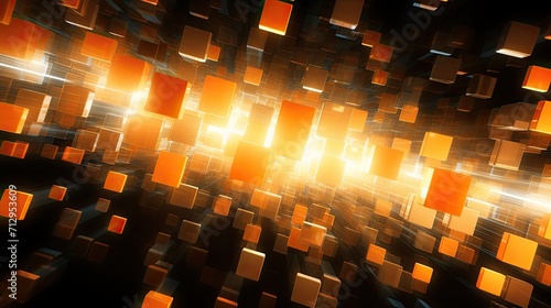 Background with orange squares arranged randomly with a mirror effect and radial blur