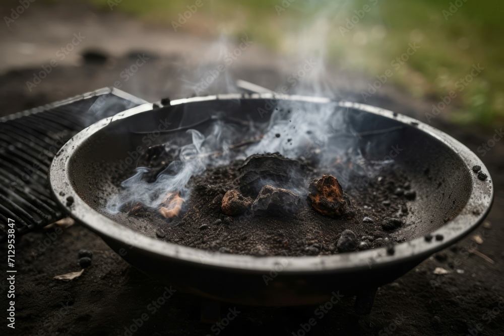 Ashes with smoke after barbecue. Outdoor grill burnt firewood coal. Generate ai Ashes with smoke after barbecue. Outdoor grill burnt firewood coal. Generate ai