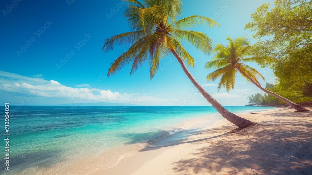 Pristine Tropical Beach with Slanting Palms and Azure Sea