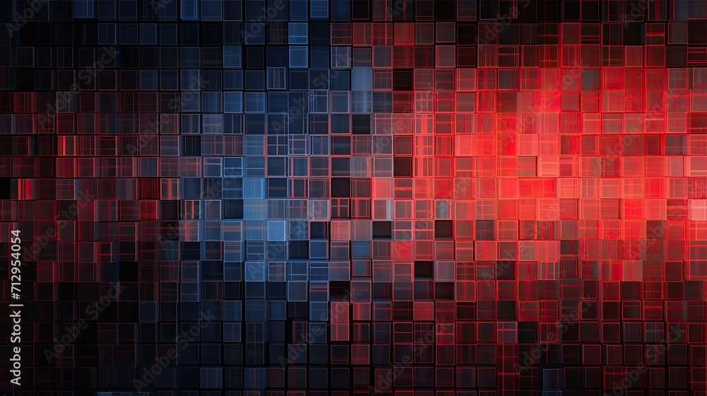 Background with red squares arranged in a grid pattern with a glitch effect and digital distortion
