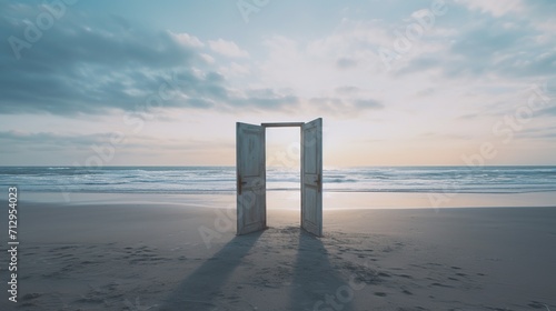 Opened Door on Beach. New, Journey, Adventure, Start, Begin, Life, Change, Path 