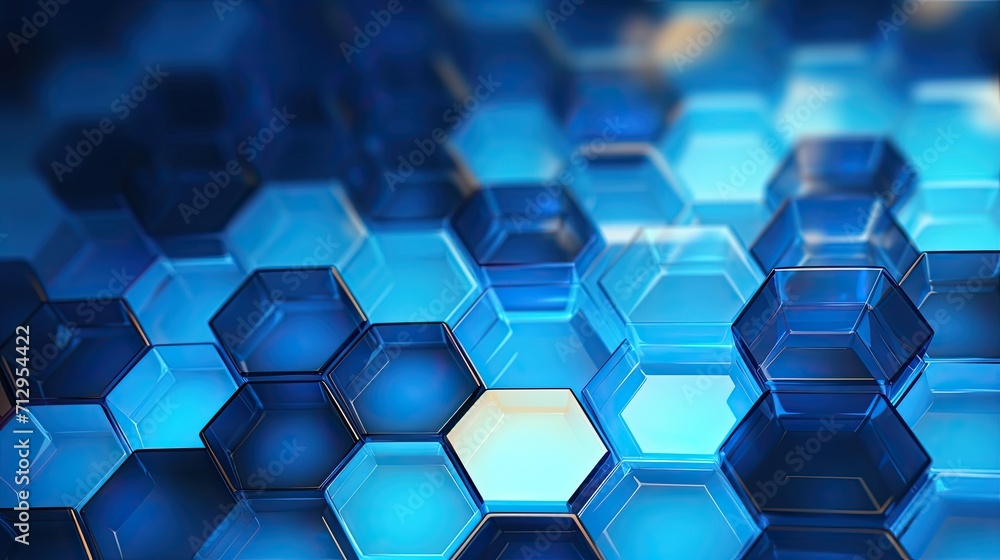 Background with blue hexagons arranged randomly with a mirror effect and radial blur Background with blue hexagons arranged randomly with a mirror effect and radial blur