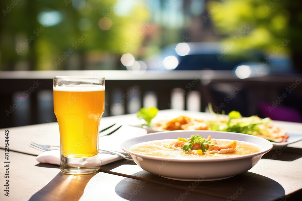 soup served with a cold beer on a sunny outdoor table