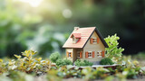 Private Country House Symbol with Small Toy House on Plants Background: Real Estate Concept for Mortgages, Isolated with Copy-Space for Promotional Content