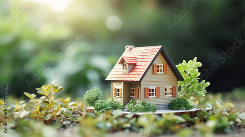 Private Country House Symbol with Small Toy House on Plants Background: Real Estate Concept for Mortgages, Isolated with Copy-Space for Promotional Content