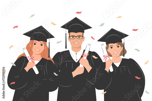 Happy graduates wearing an academic gown and a graduation cap and holding a diploma. Girls and boys celebrate their university or college graduation. Vector illustration