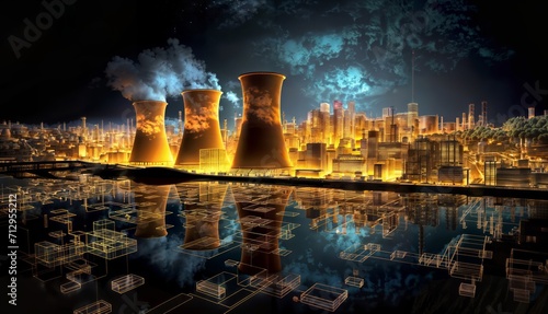 Nuclear power plant in the night. 3d render. Global warming concept
