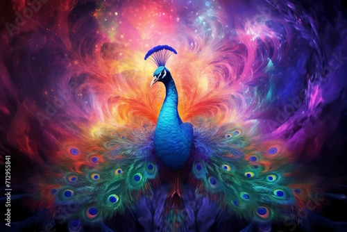 A majestic peacock dissolving into teal and violet fractal mist, in Neo Impressionism style. photo