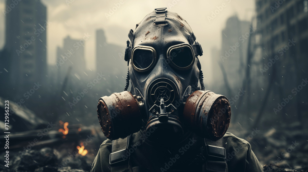 People in Gas Mask in the Post-Apocalyptic World. Banner with place for text - obrazy, fototapety, plakaty 