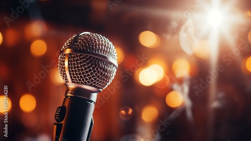 Microphone on Concert Stage. Banner with place for text