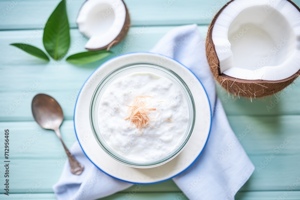 plain coconut yogurt in a ceramic dish with coconut flakes plain coconut yogurt in a ceramic dish with coconut flakes