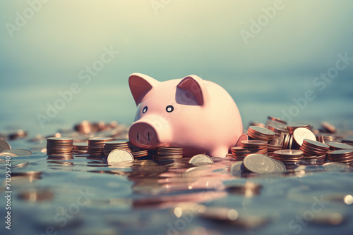 Piggy bank with money coins drowning in water. Concept for recession