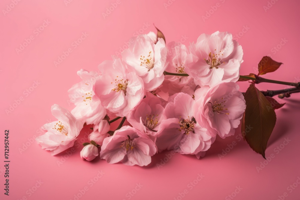 Cherry blossom pink tree branch. Natural springtime blooming rosy floral petals. Generate ai