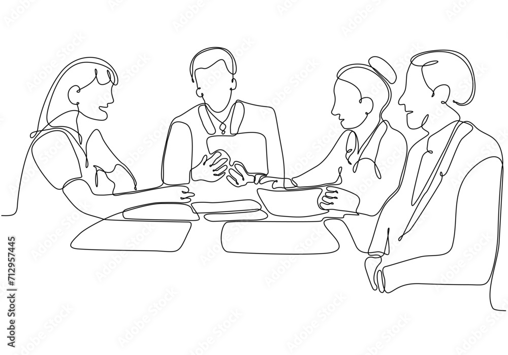 Continuous line drawing of group of business people discussing in conference room. Creative business team brainstorming over new project isolated on white background Continuous line drawing of group of business people discussing in conference room. Creative business team brainstorming over new project isolated on white background