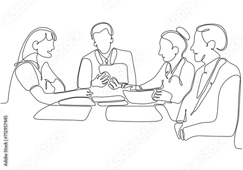 Continuous line drawing of group of business people discussing in conference room. Creative business team brainstorming over new project isolated on white background