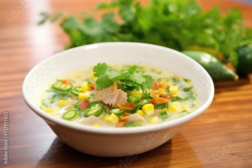 corn chowder with jalapeno and cilantro garnish