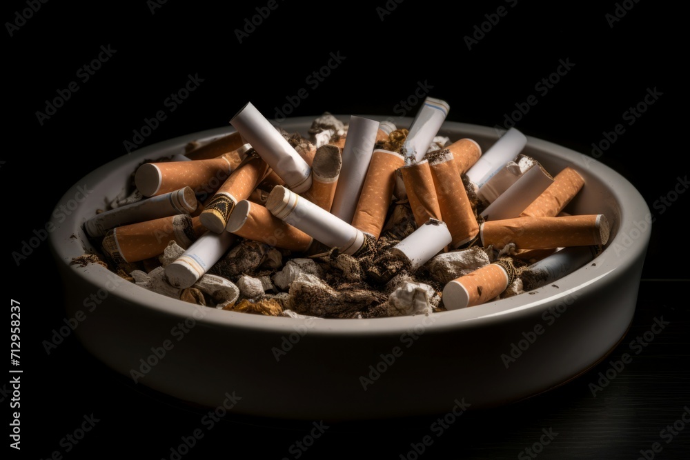 Ceramic round ashtray. Deadly and unhealthy cigarettes cause dependence and disease. Generate AI - obrazy, fototapety, plakaty 